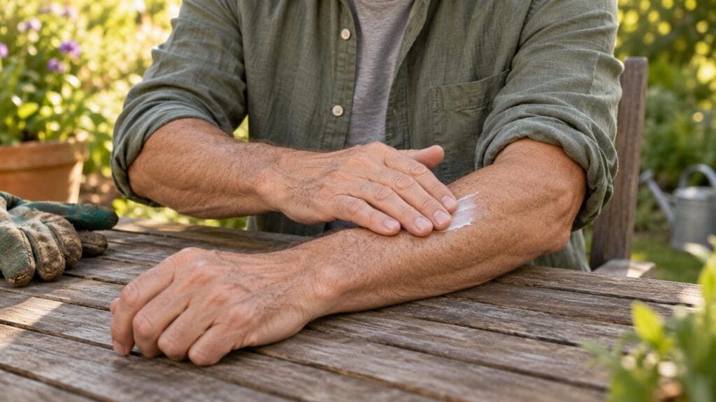 Man gently applying a thin layer of lotion to his forearm after gardening