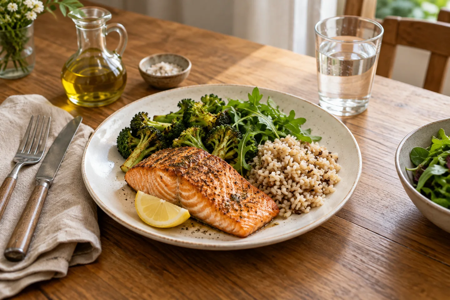Roasted salmon with green vegetables and whole-grain rice beside olive oil and water