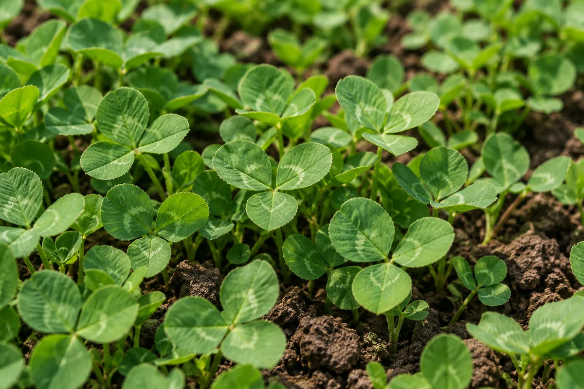 Illustration of young clover with three-part leaves covering the soil