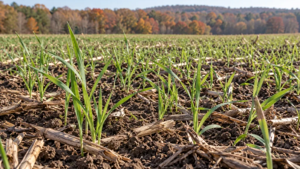 Illustration of young winter rye emerging through soil and crop residue in autumn